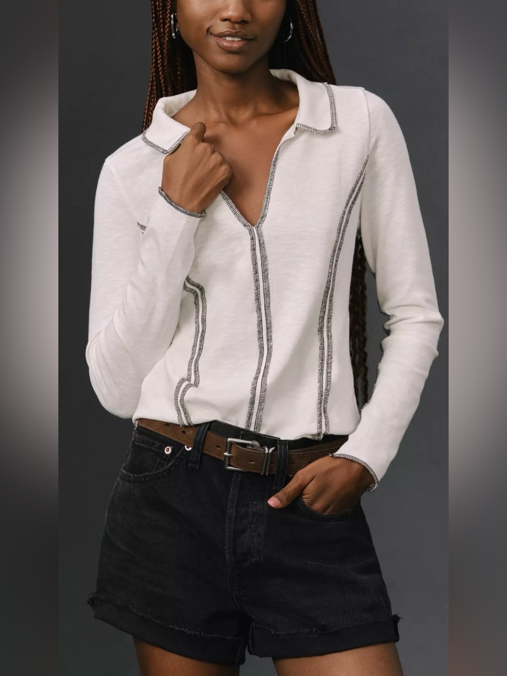 Anthropologie - Pilcro Stitched Long Sleeve V Neck Collar Lightweight Blouse LG